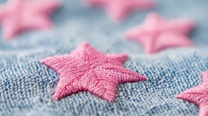 Close-up of pink embroidered stars on a textured fabric background, creating a playful and vibrant feel.