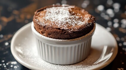 A delightful chocolate soufflé garnished with powdered sugar, served in a white ramekin on a dark, textured background.