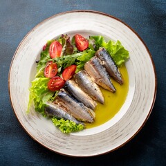 Sardines in oil on a beautiful plate with fresh salad and delicious vinaigrette, a gourmet seafood dish with vibrant flavors, healthy greens, and zesty dressing for a Mediterranean-inspired meal.
