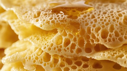 Close-up of fluffy, golden honeycomb patterns with a drizzle of honey, showcasing its intricate texture.