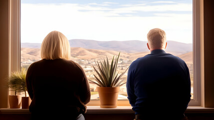 Photo Couple Window View Landscape Home Togetherness Contemplation Serene Peace Calm Daydreaming Relaxation Indoor Plants