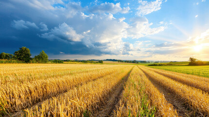 Golden wheat field under dramatic storm clouds and bright sunlight