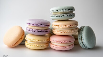 Obraz premium Colorful macarons stacked together, showcasing pastel hues of lavender, peach, mint, and yellow.