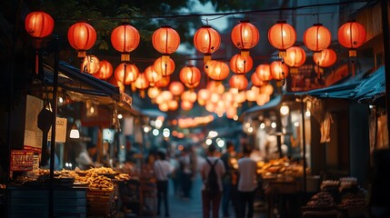 Exploring Vibrant Night Market Glowing with Traditional Red Lanterns