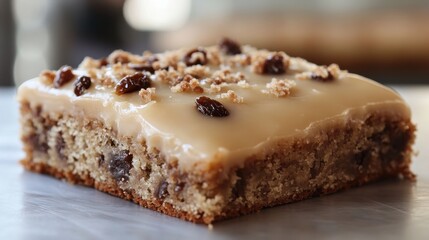 Delicious homemade cake topped with creamy caramel frosting and decorated with raisins.