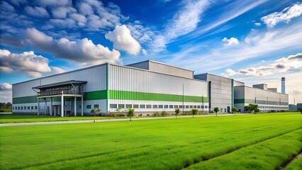 Modern eco-friendly factory with green lawn and blue sky