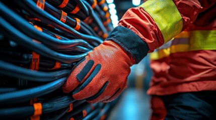 Technician checks server cables in data center, wearing gloves, server room background