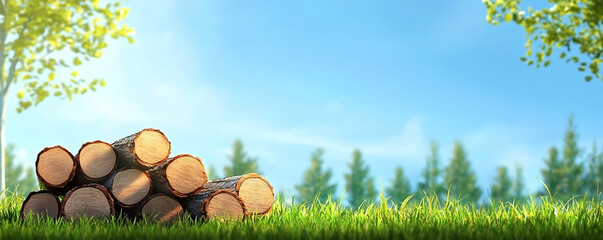 Woodpile resting on green grass field with blurred forest background