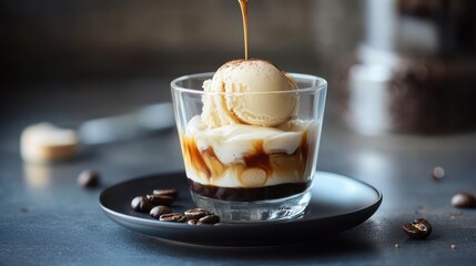 A delicious dessert featuring a scoop of vanilla ice cream topped with hot espresso, served in a clear glass with coffee beans.
