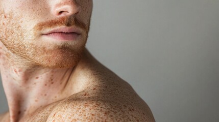 Naklejka premium Close-up of a young Caucasian male with red hair and freckles, showcasing texture and detail in a soft light.