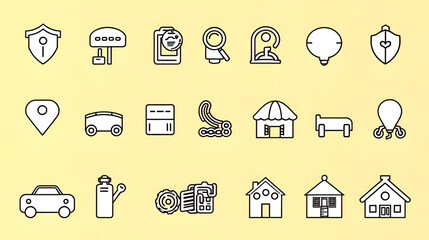 Travel and leisure line icons collection. Protection, Coverage, Policy, Risk, Premium, Deductible, Liability vector and linear illustration. Auto,Health,Home outline signs set