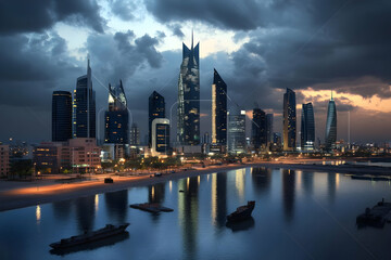 Fototapeta premium Photo - Cityscape at Night, Stunning Urban Skyline Illuminated Under Dramatic Clouds, Boats, Reflections