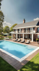 Fototapeta premium Photo: Luxury Home, Pool, Garden, Summer, Relaxation - Tranquil Backyard Oasis