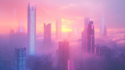 Fototapeta premium Futuristic Cityscape at Sunset: A Dreamlike Metropolis