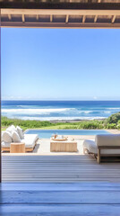 Fototapeta premium Photo Serene Ocean View, Poolside Relaxation, Coastal Retreat