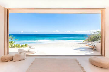 Photo Serene Beach View from Minimalist Room Interior Design