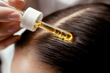 Fototapeta premium Photo Hair Care Treatment Oil Hair Growth Healthy Scalp Serum Woman Beauty