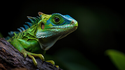 Obraz premium Green dragon lizard perched on tree branch