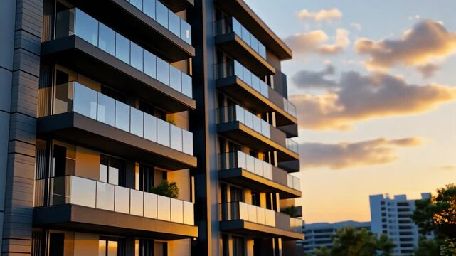 Modern apartment building at sunset