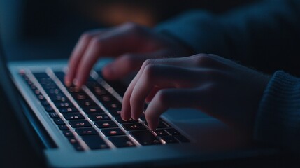 Human Hands Typing on a Laptop Keyboard in Dim Lighting