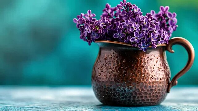 Lilac bouquet in copper pitcher on teal table