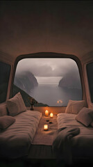 Fototapeta premium Cozy Camper Illustration, Mountain View, Ocean, Candles, Travel, Adventure, Relaxation, Nature, Escape, Serenity