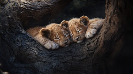 Naklejka premium Adorable Lion Cubs Napping on Tree in Serengeti - Wildlife Photography