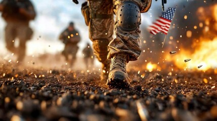 Realistic US Troops Advancing in War Zone Moment