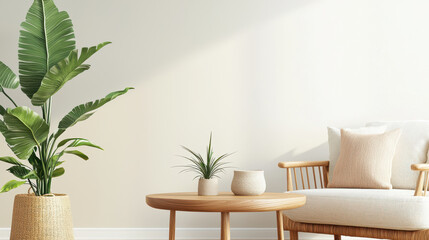 Cozy living room with wooden table, plants, and natural light