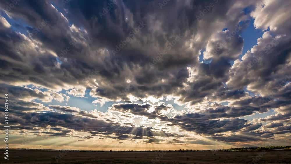 Poster dramatic sky with sun rays piercing clouds over vast open field. nature harmony.