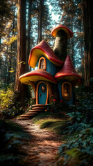 Fototapeta premium Illustration - Whimsical Mushroom House in an Enchanted Forest