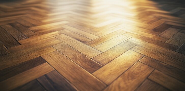 Sunlight illuminating herringbone pattern wooden parquet floor
