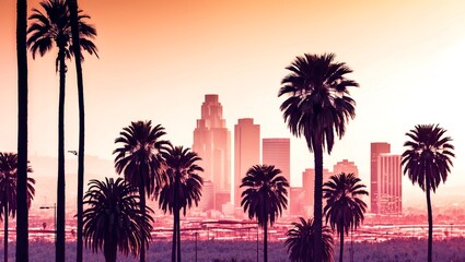 Los Angeles skyline with palm trees in the foreground 