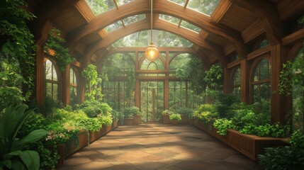 A stunning greenhouse filled with thriving green plants and natural sunlight filtering through wooden arches. Ideal for gardening, sustainability, and nature themes