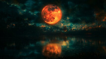 Obraz premium Red Moon Over a Mystical Lake at Night