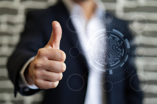 Businessman giving thumbs up with glowing digital circuit network in modern office environment