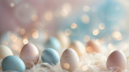 Easter eggs in vibrant pastel colors on blurred bokeh background
