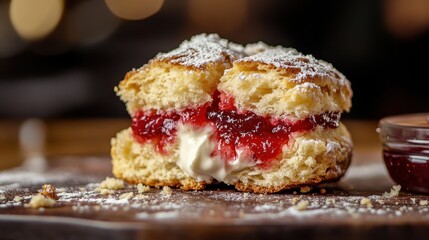 A freshly baked scone with strawberry jam and clotted cream, dusted with powdered sugar, on a rustic wooden board.