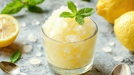 Refreshing lemon sorbet garnished with fresh mint, surrounded by bright lemons.