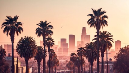 Obraz premium Los Angeles skyline with palm trees in the foreground