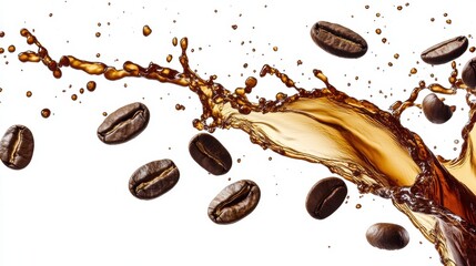 Obraz premium Dynamic splash of coffee with scattered coffee beans against a white background.