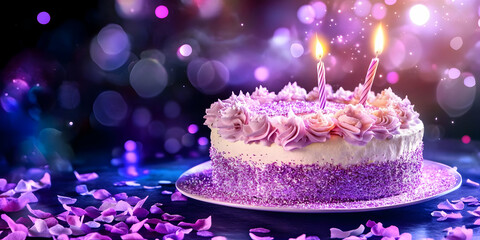 Photo, Birthday Cake, Purple Glitter, Candles, Petals