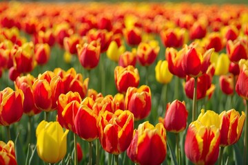 Red and yellow striped tulips in a blooming field with a vibrant spring atmosphere
