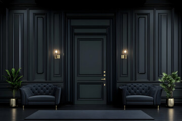 3D Illustration Dark Interior Design Room, Black Walls, Gold Accents