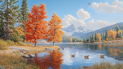 Vibrant Autumn Landscape: Orange Trees Reflecting in a Calm Lake with Mountain Background