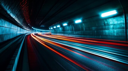 Streaking Light Trails Inside a Tunnel with Glowing Lamps Overhead