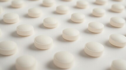 A close-up of numerous white pills arranged uniformly on a light surface, conveying a sense of order and cleanliness.