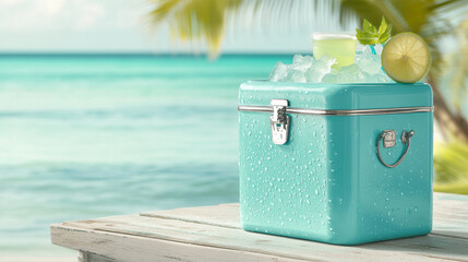 vibrant cooler filled with ice and refreshing drink sits on wooden table by beach, surrounded by palm trees and ocean. Perfect for summer relaxation