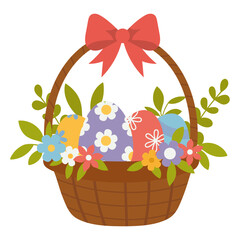 Straw Easter wicker basket with painted decorative eggs, flowers and gift red ribbon bow. Great for greeting cards, posters, banners, wallpapers, invitations, covers. Flat vector illustration on white