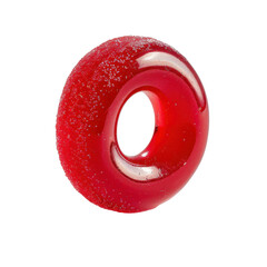vibrant red circular object with glossy surface and textured finish, resembling candy or decorative item, evokes sense of playfulness and sweetness